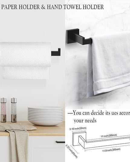 BOZWELL 5 Pieces Matte Black Bathroom Hardware Accessories Set Square Towel Racks for Bathroom 23.6 inch Stainless Steel Towel Bar Set Wall Mounted Towel and TP Set