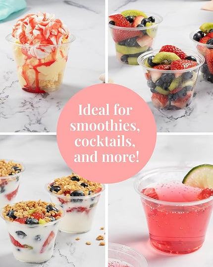 Prestee 50 Pack Plastic Cups - 9 oz Clear Disposable Cups for Cold Beverages, Cocktails, and Desserts - Durable Little Small Cup for Wine, Smoothies, Parties, Events, Catering, and Everyday Gatherings