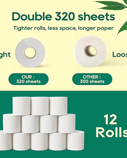 ECOLipak Bamboo Toilet Paper 3 Ply, Septic Safe Toilet Tissue, 12 Double Rolls, 320 Sheets Per Roll, Tree Free, Non Toxic, Soft and Absorbent, Eco Friendly Dye-Free Paper, White