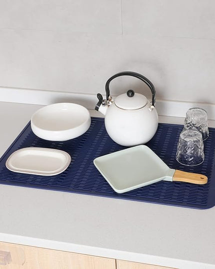 Silicone Dish Drying Mat for Multiple Usage,Easy clean,Eco-friendly,Heat-resistant Silicone Mat for Kitchen Counter or Sink,Refrigerator or Drawer Liner Navy Blue 3XL 28 inches x 18 inches