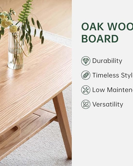 100% Solid Oak Wood Coffee Table for Living Room, 2-Tier Small Coffee Tables with Shelf Storage, Mid Century Modern Table with Rounded Corners (Natural, 39.37" x 19.68" x 17.32")