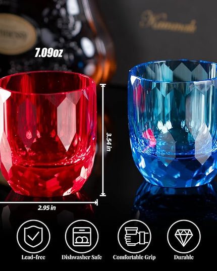 KAMMAK Crystal Whiskey Glasses Set of 2, 7oz Old Fashioned Glasses Stemless, Hand Blown Colored Cocktail Glasses, Engagement Gifts for Couples, Women, Men