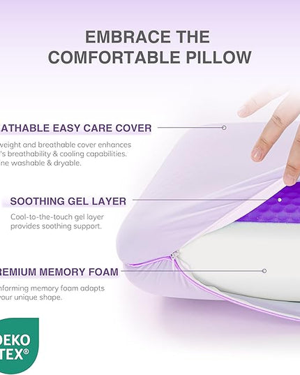 EGOHOME Cooling Gel Memory Foam Pillow - Reversible Cooling Cover, Neck Support for Side, Back and Stomach Sleepers, Removable & Machine Washable, All-Season Comfort, Standard Size, Purple