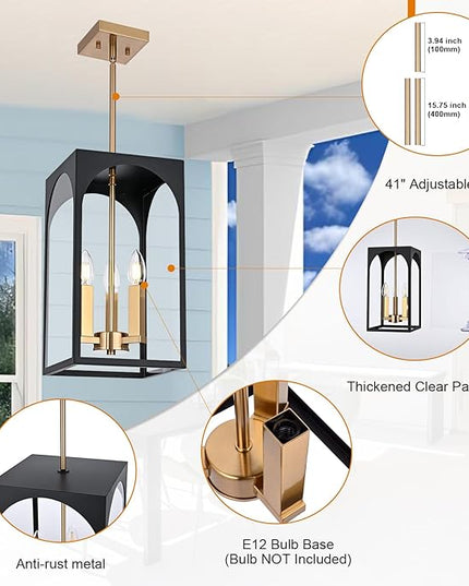 VINLUZ 3 Lights Outdoor Pendant Light Fixture in Black and Brushed Brass Finish, Classic Indoor Outdoor Hanging Lantern Lighting with Clear Glass Shade for Porch Entryway Hallway
