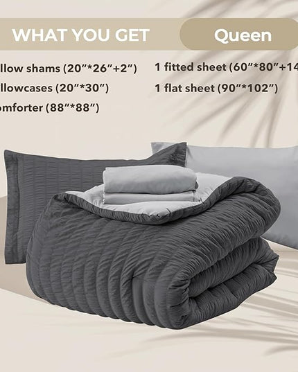 HYMOKEGE Dark Grey/Light Grey Queen Comforter Set Seersucker 7 Pieces, All Season Luxury Bed in a Bag Queen for Bedroom, Bedding Set with Comforter, Sheets, Pillowcases & Shams