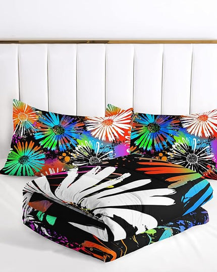AILONEN Flowers Comforter Set Twin Size, Neon Color Tie-Dye Chrysanthemum Pattern Bedding Set Colorful Plants Theme Quilt Set Bedroom Decor 3Pcs(1 Comforter + 2 Pillowcases)