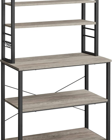 VASAGLE Coffee Bar, 31.5 Inches Baker's Rack for Kitchen with Storage, 6-Tier Kitchen Shelves with 6 Hooks, Microwave Stand, Industrial, Heather Greige and Ink Black UKKS019B02