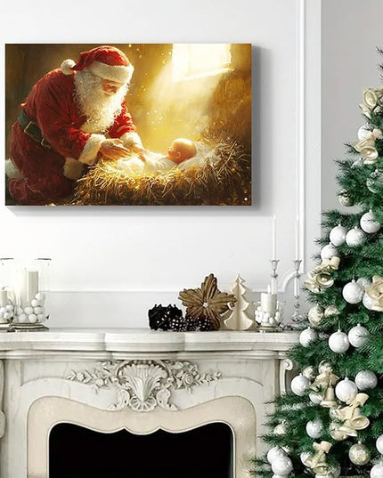 YONICA Christmas Wall Decor Nativity Santa Canvas Wall Art Home Decorations 16x12 Inches - Santa Pictures Jesus Prints Winter Painting Xmas Artworks for Living Room Bedroom