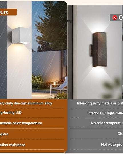 2 Pack LED Outdoor Wall Sconces Exterior/Interior,Modern Square Aluminum Wall Light Fixture ,Variable Beam IP65 Waterproof Lights.15W 3-Color-Changeable Up and Down Outdoor Lighting Fixtures（White）