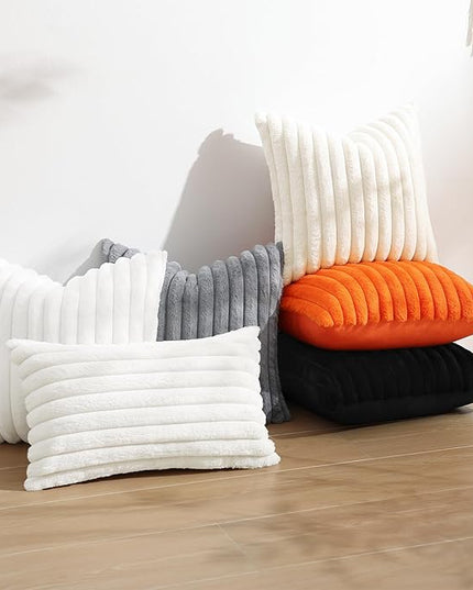 decorUhome Faux Fur Spring Throw Pillow Covers 16x16 Set of 2, Decorative Soft Plush Striped Neutral Couch Euro Pillow Covers with Velvet Back for Sofa, Bed, Living Room Home Decor, Black