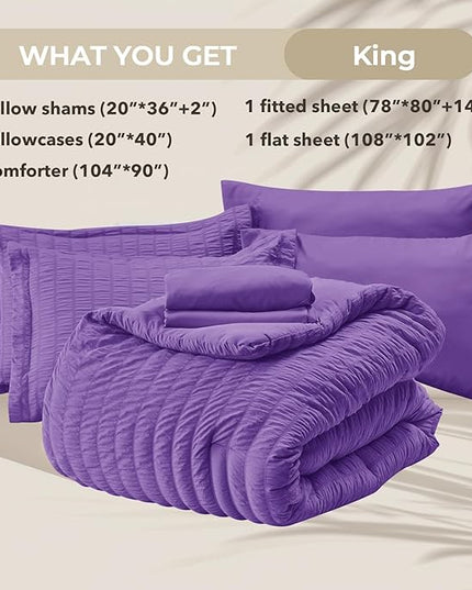 HYMOKEGE Dark Purple King Size Comforter Set Seersucker 7 Pieces, All Season Luxury Bed in a Bag for Bedroom, Bedding Set with Comforter, Sheets, Pillowcases & Shams