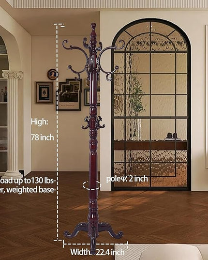 Wooden Coat Racks, Retro 78" Coat Tree with 12 Hooks & Stable Triangular Base, Entryway Coat Rack Freestanding for Hat, Clothes, Scarves, Handbags, Umbrella (Mahogany)