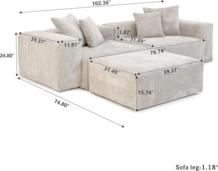 JACH Corduroy Modular Sectional Couch, Oversized Sectional Sofa with Chaise Ottoman, Cushion Covers Removable, Modern Deep 2-Seat Couches for Living Room, Office (Beige)