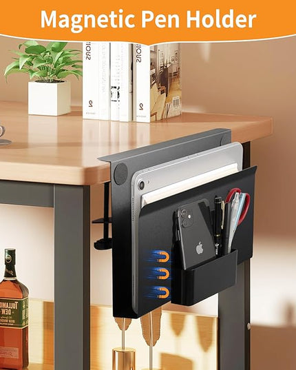 Desk Side Storage with Pen Holder, No Drill Hanging Desk Organizer Under Desk Storage Mount, Clamp-On Laptop Holder Table Side Tray Desktop Organization for Office and Home (Black)
