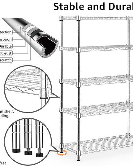 1250 lbs Steel Heavy Duty 5-Tier Utility Shelving Unit Steel Organizer Wire Rack for Home,Kitchen,Office,Chrome (13.7" D x 23.6" W x 62.4" H)
