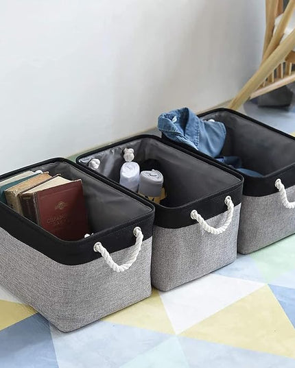 TheWarmHome Collapsible Storage Bin for Shelves - 16x12x8 inch Large 3 Pack Storage Basket for Organizing with Rope, Fabric Storage Cubes for Organizer Toy Cloth Gift Closet (Black & Grey)