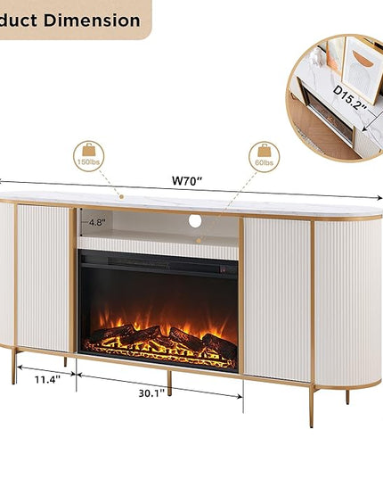 OKD Luxury 70" Fluted Fireplace TV Stand, Modern Chic Entertainment Center for TVs Up to 80 inches, TV Console with Faux Marble Top, Curved Profile Design, Media Console for Living Room, Off White