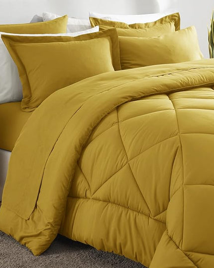 CozyLux Queen Comforter Set Mustard Yellow - Bed in a Bag Queen Size 7 Pieces, Luxury Soft Bed Set for All Seasons, Bedding Set with Down Alternative Comforter, Sheets, Pillowcases & Shams