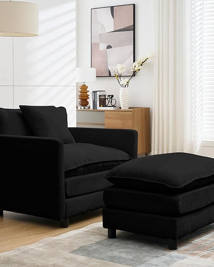 SZLIZCCC 56.3''D Oversized Chaise Lounge Chair Indoor, Comfy Chenille Upholstered Sofa Chair with Ottoman, Deep Seat Single Sofa Couch with 1 Pillow for Living Room(Black, 56.3"- Single Seat)