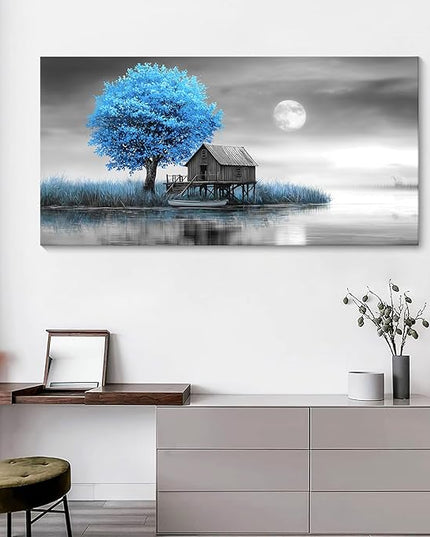 JEAWA Large Canvas Wall Art Decor - Blue Gray Wall Art for Living Room Home Office, Winter Landscape Wall Art Canvas Paintings, Moon Pictures Wall Decor, Tree Art Wall Decor, 29x58 IN