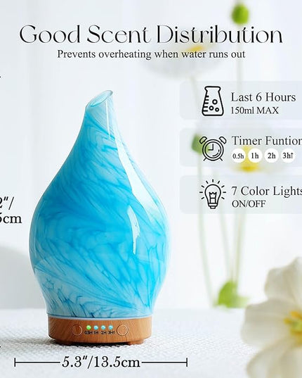 Porseme 150ml Essential Oil Diffuser Glass Color Changing Aroma Air Diffusers Aromatherapy Ultrasonic Cool Mist Humidifier 6 Running Hours Waterless Auto-Off for Sleeping Yoga Office Spa (Blue Wave)