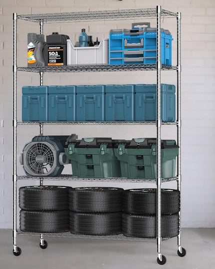 Himimi 60" W Storage Shelves, 5-Tier Wire Shelving with Wheels 3250LBS Heavy Duty Metal Shelves for Storage, Adjustable Wire Rack Shelving for Garage Kitchen Pantry 24" Dx60 Wx82 H, Silver