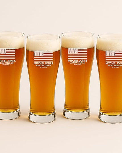 Custom Military Beer Glass Set - 4 Personalized 16 oz. Glasses for Army, Navy, Air Force & Coast Guard - Great for Active & Retired Service Members (BEER CAN)