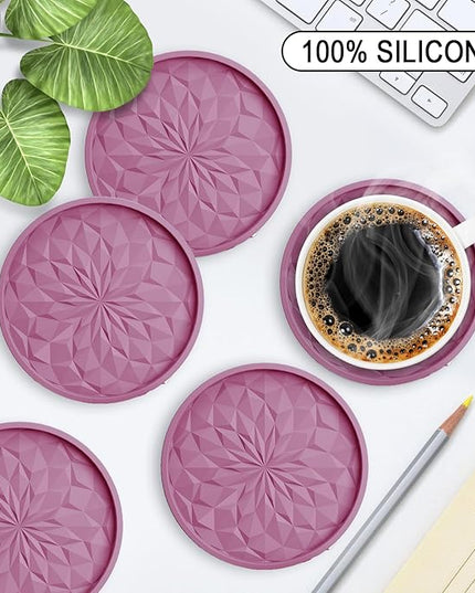 ME.FAN Silicone Coasters with Holder,[6 Pack] Drinking Coasters - Cup Mat for Hot or Cold Drinks, Thickened, Non-Slip, Non-stick,Deep Tray Dusty Rose