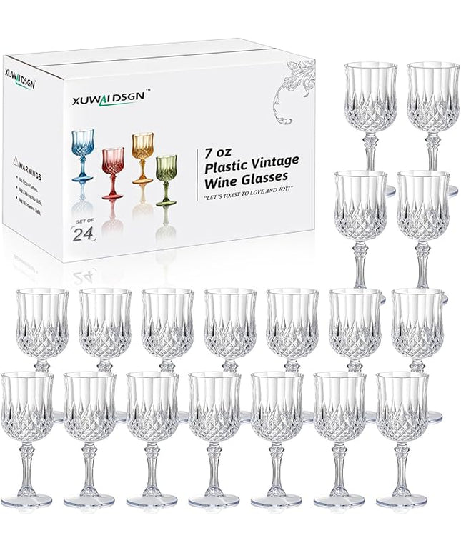 XUWAIDSGN 24 Pcs 7oz Plastic Vintage Wine Glasses Drinking Glasses Unbreakable Wedding Glassware Crystal Water Goblets Reusable Drinkware Vintage Champagne Flutes (24, Clear)