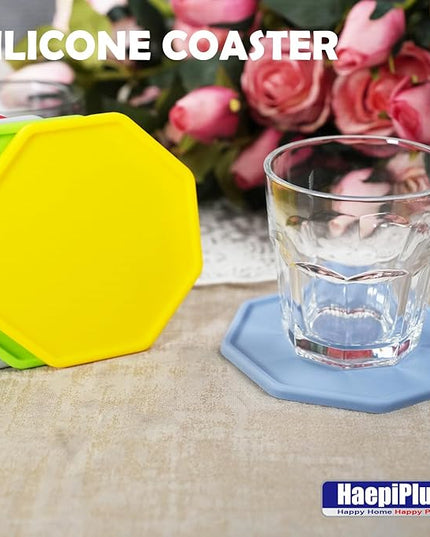 6 Pieces Silicone Coasters, Octagon Shape Hot Cup Mat for Drinks, Heat Resistant Glass Cushion, Coffee Coaster for Table, Desk, Kitchen, Office, Bar Protection (Blue)