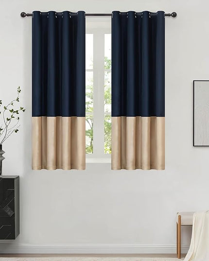 BULBUL Color Block Window Curtains Panels 63 inches Long Navy Blue Champagne Velvet Farmhouse Drapes for Bedroom Living Room Darkening Treatment with Grommet Set of 2