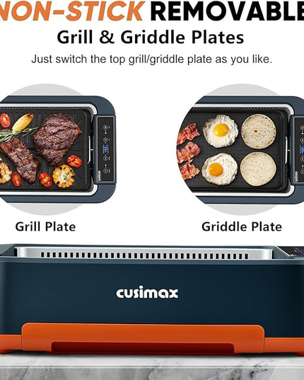 Electric Grill, CUSIMAX Smokeless Indoor Grill & Griddle, Electric Korean BBQ Grill with Turbo Smoke Extractor & REPLACEABLE Filter Sponge, Smart LED Display, Larger Grilling Area, 1500W(New Model)