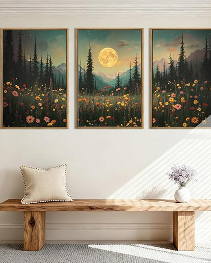 ANHUIB Large Wildflower Wall Art Mountain Floral Wall Decor Pine Tree Paintings Set of 3 for Living Room Bedroom Dining Room 16x24 Inch