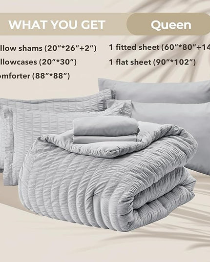HYMOKEGE Light Grey Queen Comforter Set Seersucker 7 Pieces, All Season Luxury Bed in a Bag for Bedroom, Bedding Set with Comforters, Sheets, Pillowcases & Shams