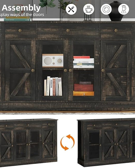 4 EVER WINNER 55" Coffee Bar with 4 Glass Doors and 3 Drawers, Sideboard Buffet Cabinet with Storage, Farmhouse Coffee Bar Cabinet with Adjustable Shelves for Kitchen, Dining Room, Rustic Oak