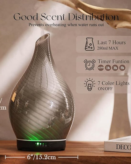 Porseme 280ml Essential Oil Diffuser Glass Color Changing Aroma Air Diffusers Aromatherapy Ultrasonic Cool Mist Humidifier 7 Running Hours Waterless Auto-Off for Sleeping, Yoga, Office (Pure Grey)