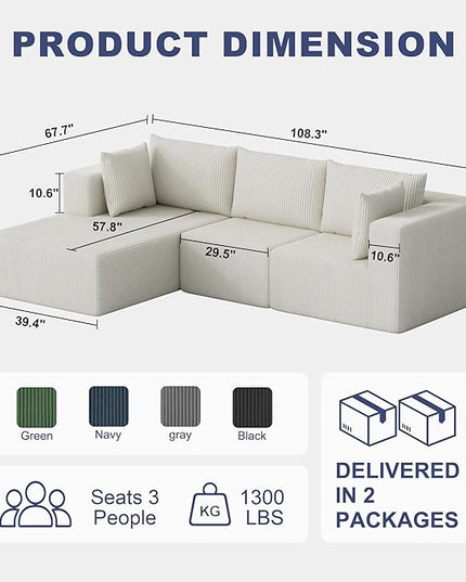 108" Boneless Couches for Living Room, Modular Cloud Couch Sofa - L Shap Corduroy Sectional Sofa, Fluffy Memory Foam Sleeper Sofa Furniture, No Assembly, Wide Armrest, Beige