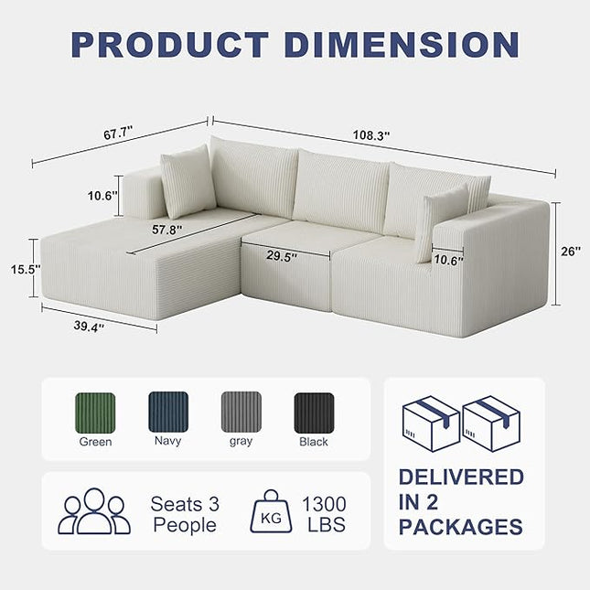 108" Boneless Couches for Living Room, Modular Cloud Couch Sofa - L Shap Corduroy Sectional Sofa, Fluffy Memory Foam Sleeper Sofa Furniture, No Assembly, Wide Armrest, Beige