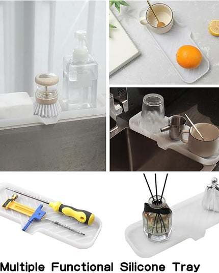 Silicone Bathroom Soap Dishes with Drain Spout-Bathroom and Kitchen Sink Organizer,Sponge Holder,Dish Soap Tray,Perfect for Dispenser,Scrubber,Bottle,Cup on Sink or Counter-Translucent 12"×4"