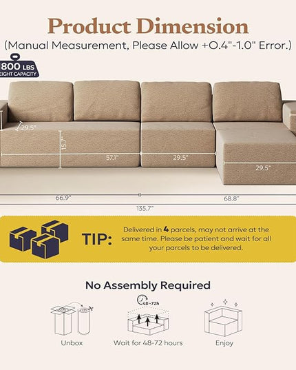136" Modular Sectional Couch Left/Right Facing Convertible, L-Shape Modern Teddy Sofa, Deep Seat Upholstered Foam Couch for Living Room Bedroom, No Assembly Required (Camel, Teddy Boucle)
