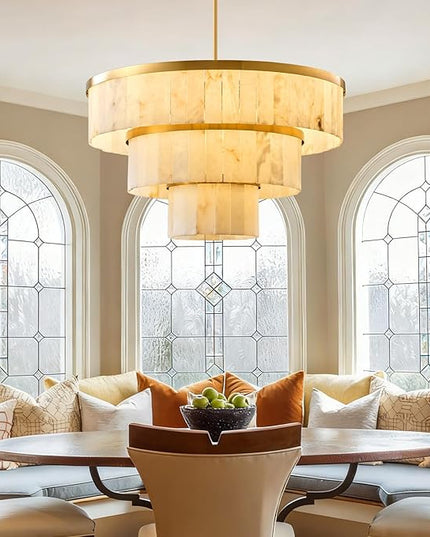 D34.3 Round Alabaster Chandelier, 3-Tier Brass Marble High Ceiling Chandeliers, Modern Dining Room Chandeliers Living Room Light for Entryways, Foyer, Stair, Kitchen Gold(Include Bulbs)