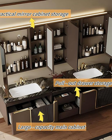 60IN Double Bathroom Vanities with Sink, Double Sink Bathroom Vanity with LED Smart Defogging Mirror and Standing Cabinet Storage | Modern Bathroom Sink, Wall Mounted Installation (Brown)
