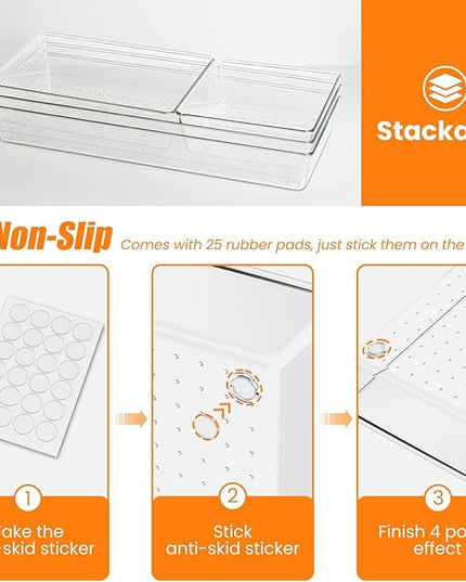 Criusia 6 Pcs Large Size Clear Drawer Organizer Set, Acrylic Non Slip Non Cracking Kitchen Drawer Storage Tray Divider, Multifunctional Storage for Cosmetics, Bathroom, Tools, Kitchen and Office