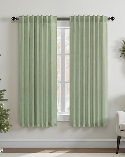 Sage Green Curtains 38 Inch Width for Kitchen Doors 2 Panels Back Tab Rod Pocket Linen Cafe Tier Light Filtering Short Sheer Light Green Curtains for Bathroom Laundry Farmhouse Decor Wide 38x45 Length