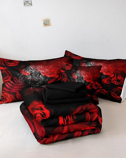 Bedbay Red Rose Leopard Comforter Set 8 Pieces King Size Bed in a Bag Cheetah Bedding Teen Boys Kids Women Adults Men Leopard Bedding Set Wild Animal and Rose Flower King Bed Set (Black,King)