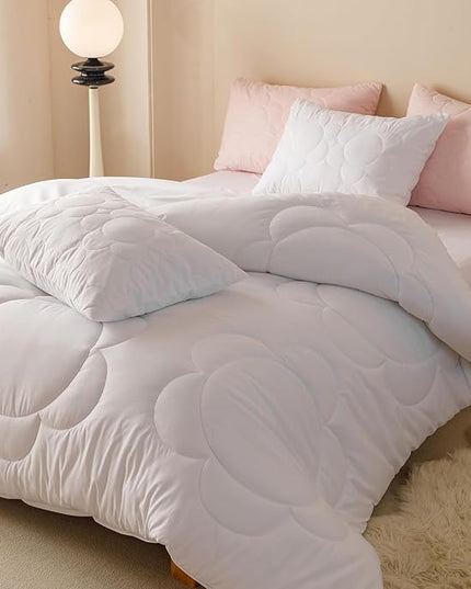 Houseri White Floral Comforter Set Queen Solid White Sunflower Comfy Fluffy Quilted Comforters Queen Size Bedding Sets