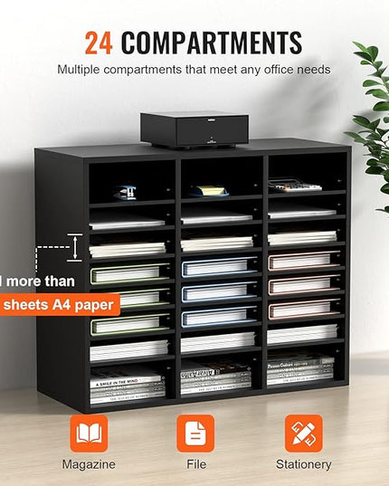 VEVOR Literature Organizers, 24 Compartments Office Mailbox with Adjustable Shelves, Wood Literature Sorter 29x12x24.4 inches for Office, Home, Classroom, Mailrooms Organization, EPA Certified Black
