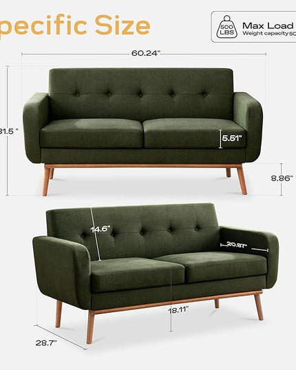 HUIMO Sofa Couch, Mid Century Modern Sofa with Solid Wood Frame, Button Tufted Couch for Bedroom, Living Room, Office, Apartment (Green, 60 inch)