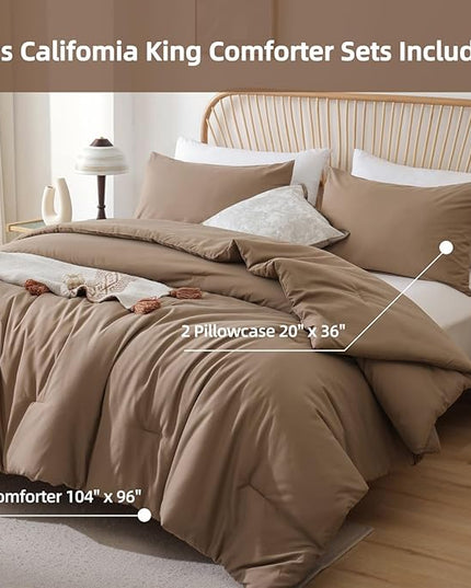 ROSGONIA Oversized King Comforter 128x120, 3pcs Super King Plus Comforter (1 Dark Khaki Comforter & 2 Pillowcases) Lightweight Oversized King Bedding Set Quilt