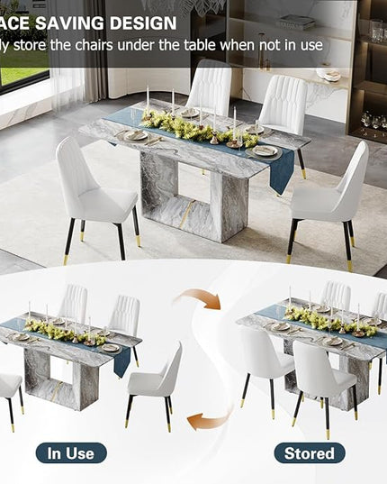 Dinner Table Set for 4, 5 Piece Dining Table Set with Chairs, 63" Faux Marble Modern Table with 4 PU Leather Upholstered Chairs, for Kitchen & Dining Room